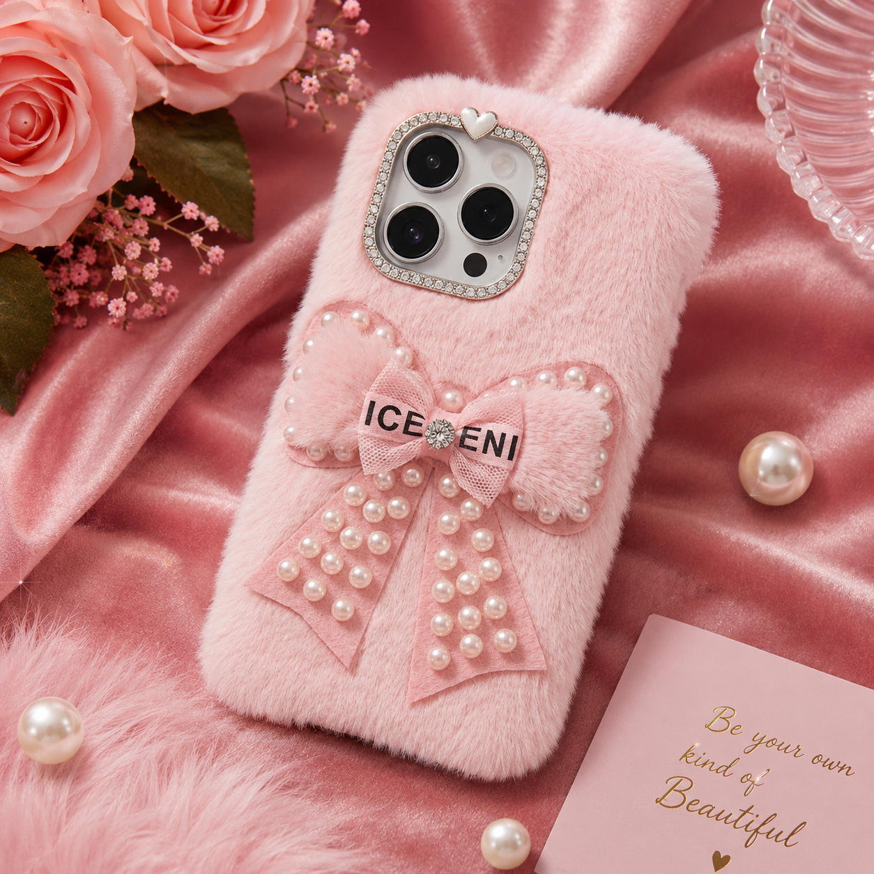 Pink Fur Pearl Bow Phone Cover