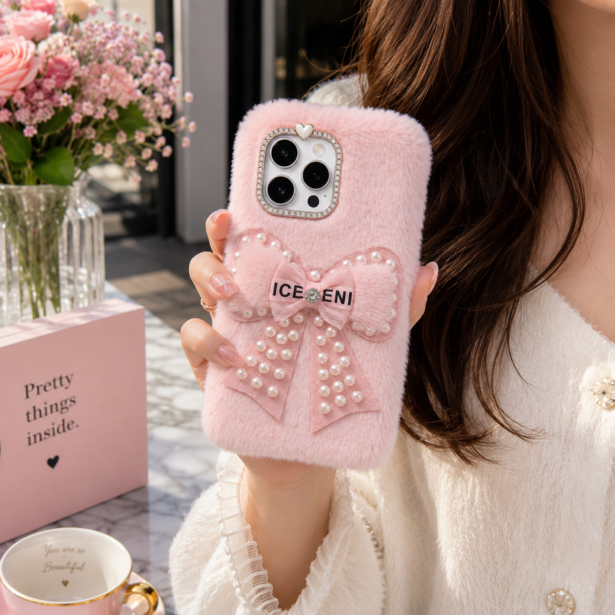 Pink Fur Pearl Bow Phone Cover