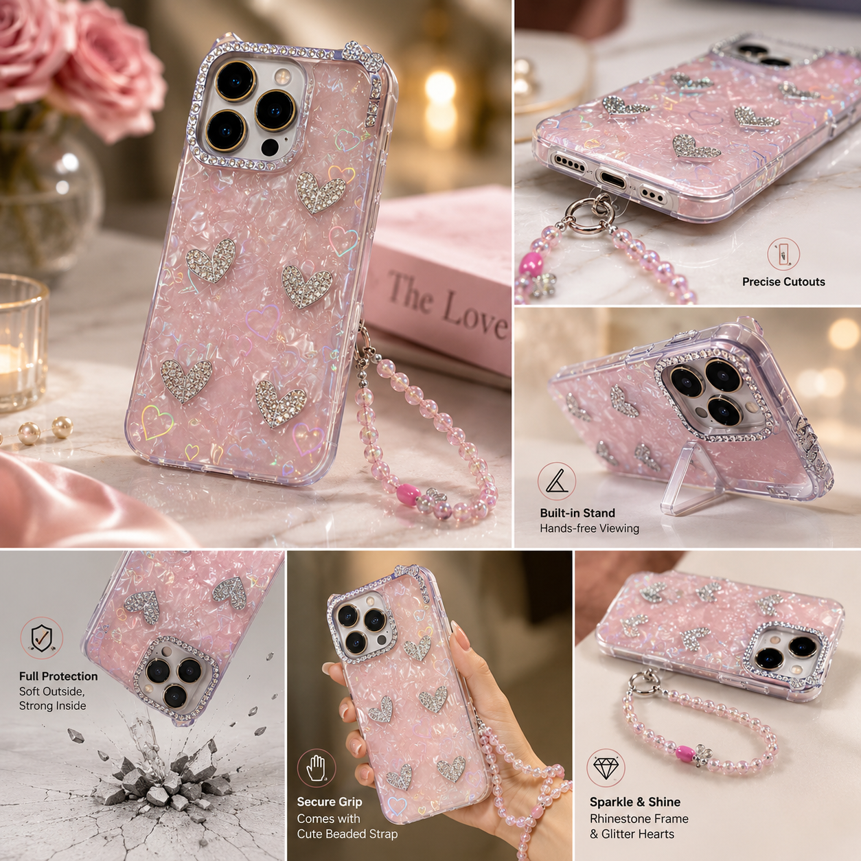 Blush Crystal Hearts Charm Case