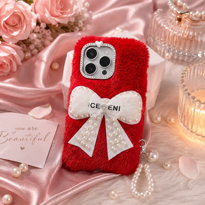Ruby Pearl Bow Fur Phone Case