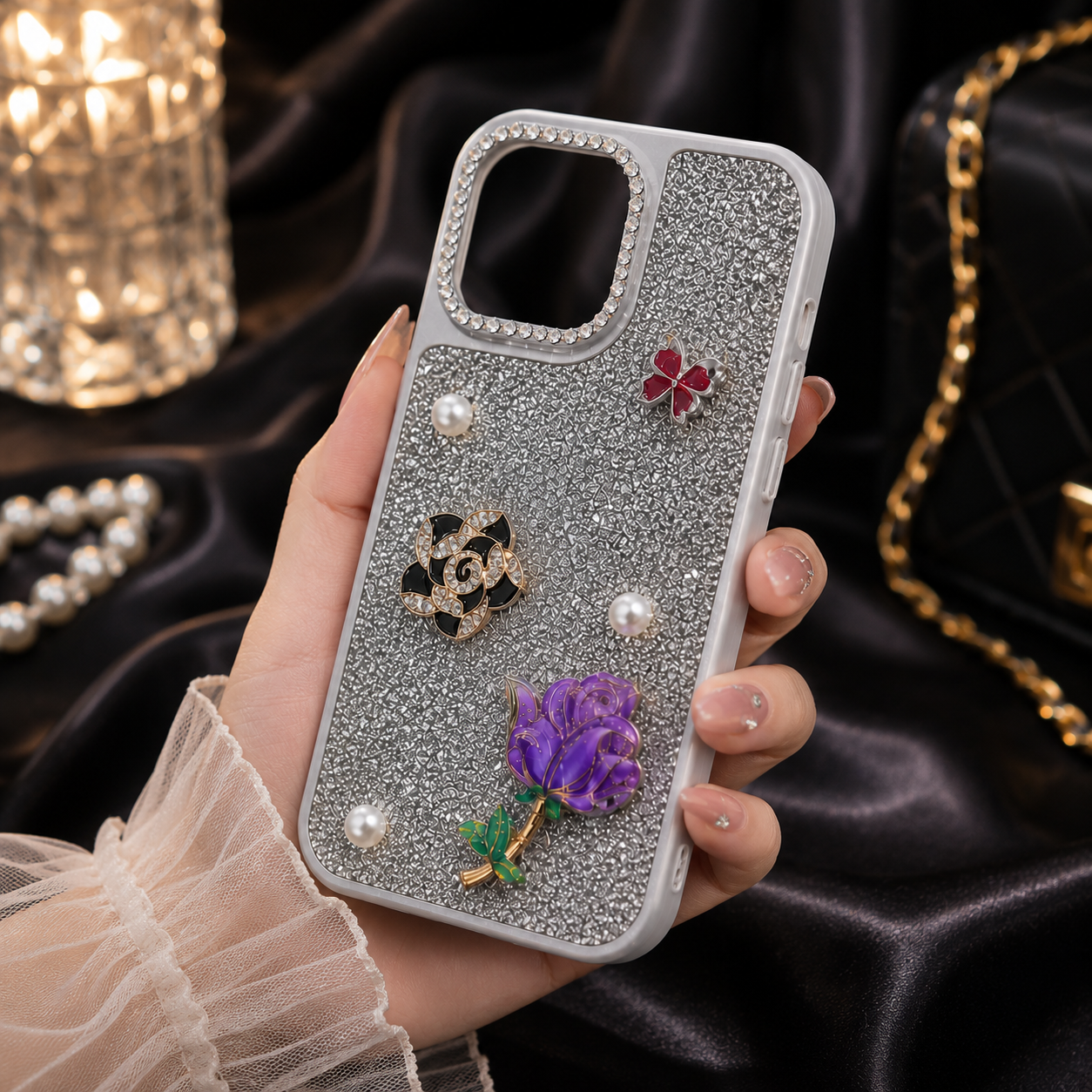 Elegant Silver Glitter Rose Phone Cover