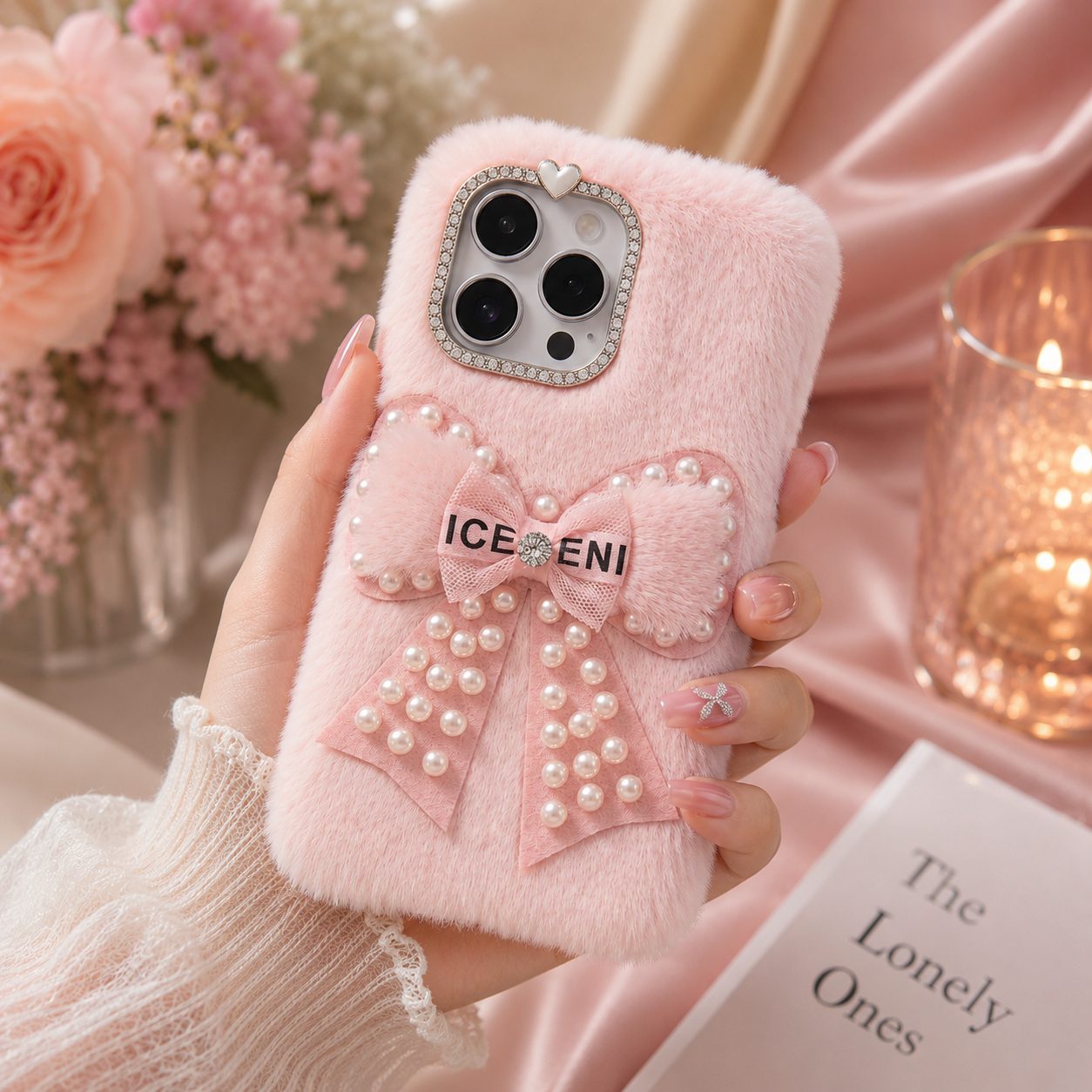 Pink Fur Pearl Bow Phone Cover