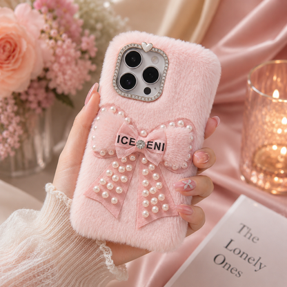 Pink Fur Pearl Bow Phone Cover