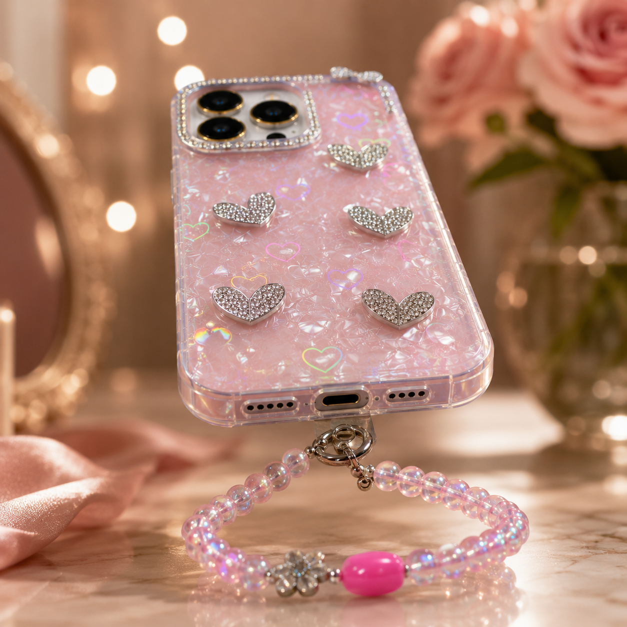 Blush Crystal Hearts Charm Case