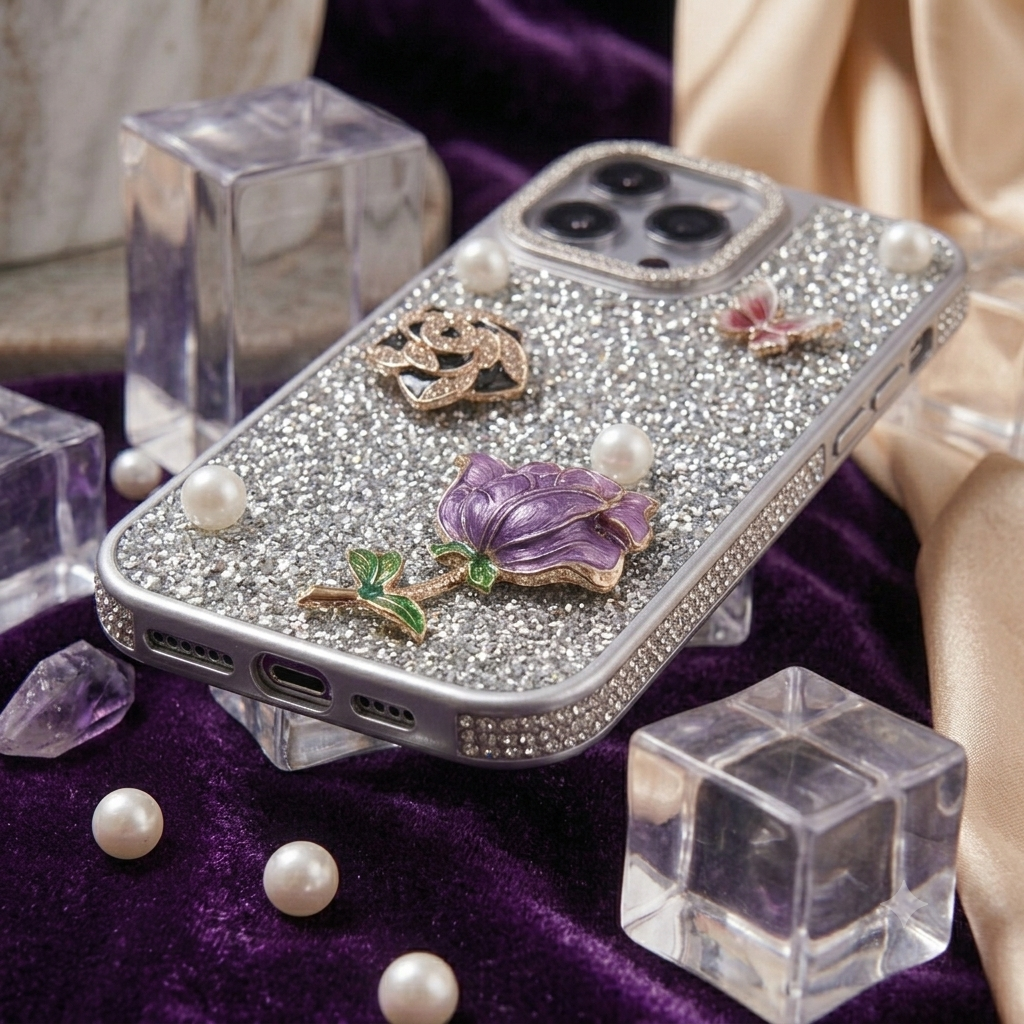 Elegant Silver Glitter Rose Phone Cover