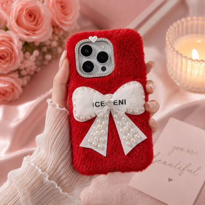 Ruby Pearl Bow Fur Phone Case