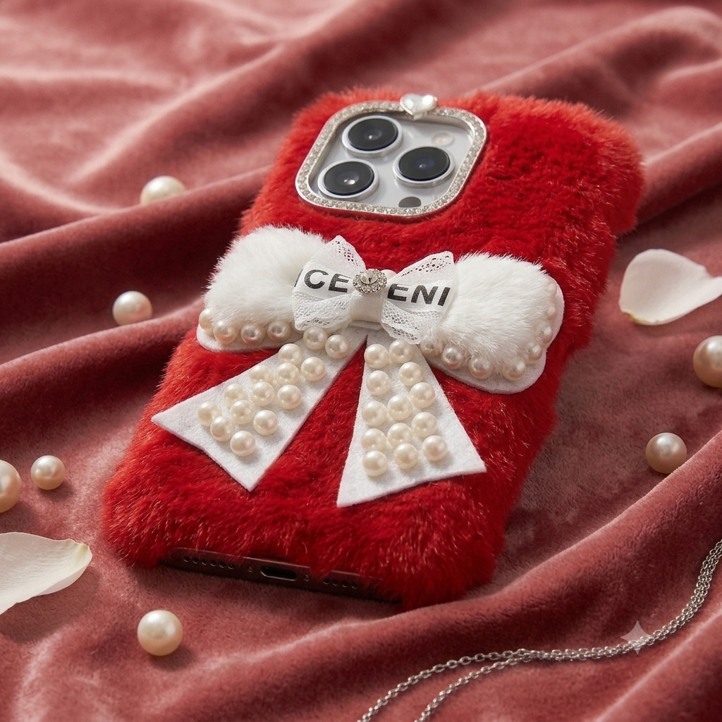 Ruby Pearl Bow Fur Phone Case