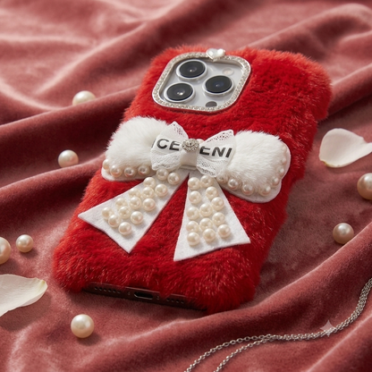 Ruby Pearl Bow Fur Phone Case
