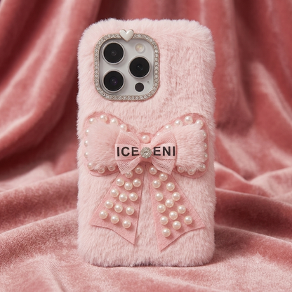 Pink Fur Pearl Bow Phone Cover