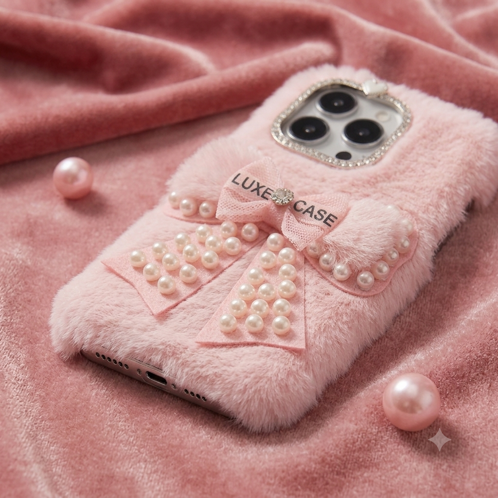 Pink Fur Pearl Bow Phone Cover