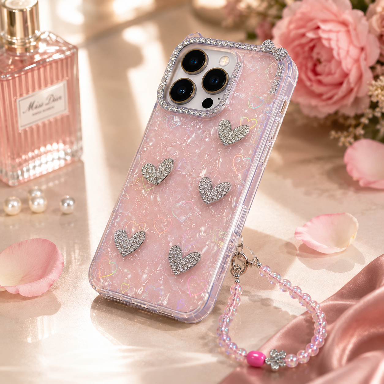 Blush Crystal Hearts Charm Case