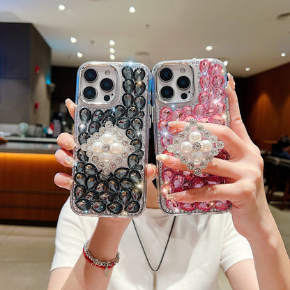 Bling Rhinestone Pearl Holder Transparent Phone Case