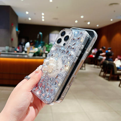 Bling Rhinestone Pearl Holder Transparent Phone Case