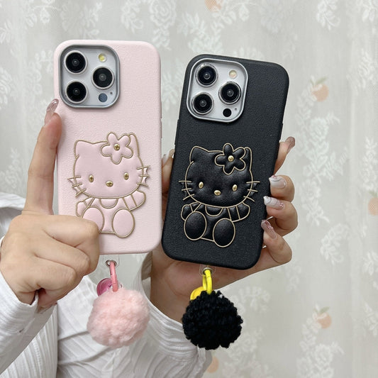 Cat Fur Ball Charm Leather Phone Case