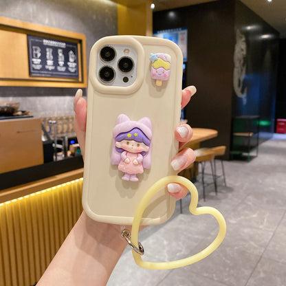 Cute Girl Cartoon 3D Princess Colored Phone Case with Heart Shape Bracelet