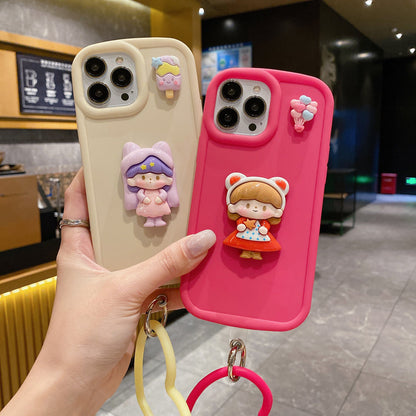 Cute Girl Cartoon 3D Princess Colored Phone Case with Heart Shape Bracelet