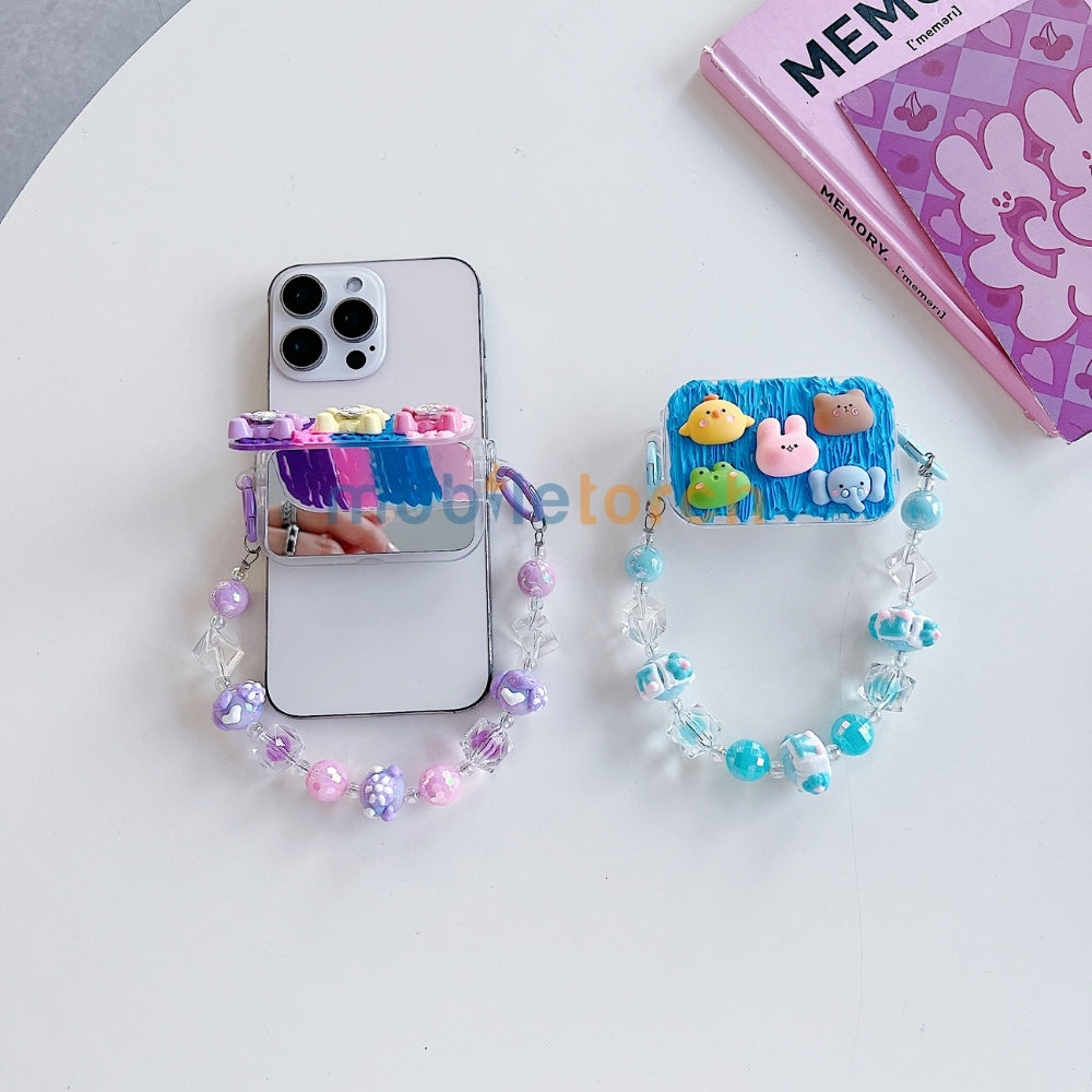 Cute Mini Cartoon Mirror Pop Universal Stand with Crystal Bracelet