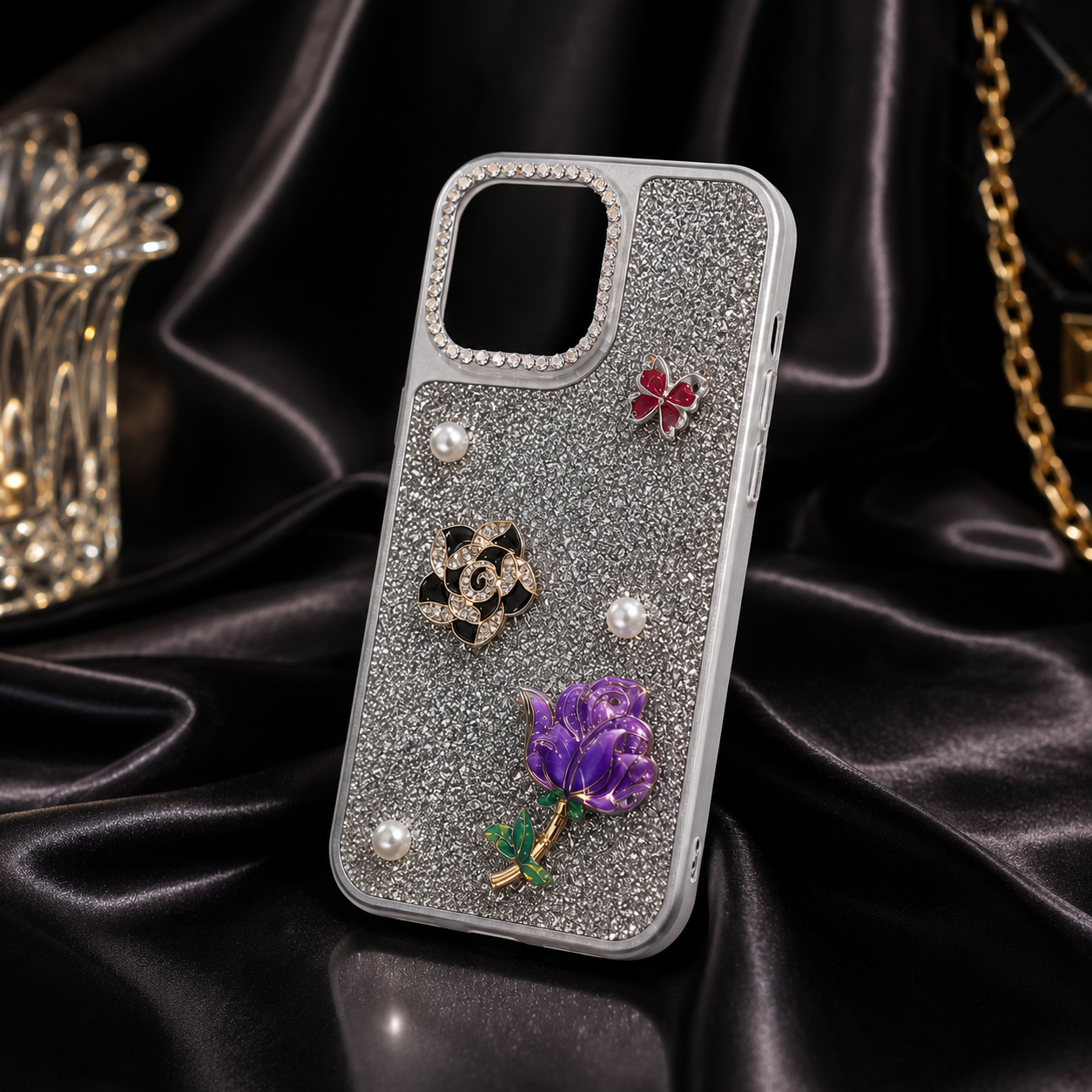 Elegant Silver Glitter Rose Phone Cover