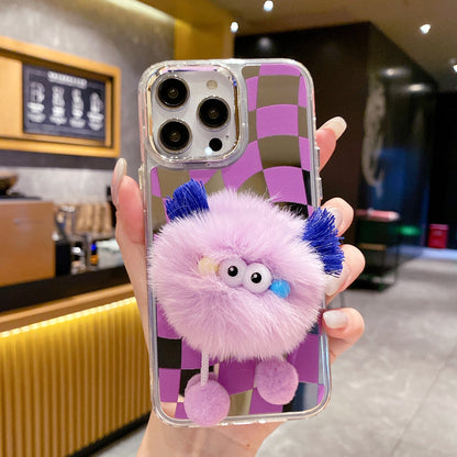 Graphic Mirror Fluffy Pom Pom Ball Stand Phone Case
