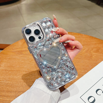 Heart Shaped Makeup Mirror Diamond Phone Case
