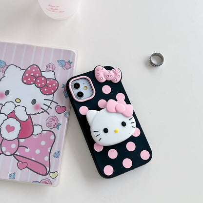 Polka Dot Bow Kitty Stand Silicone Phone Case