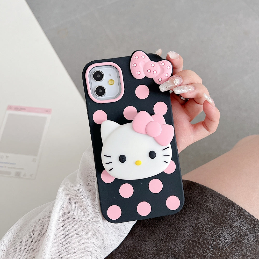 Polka Dot Bow Kitty Stand Silicone Phone Case