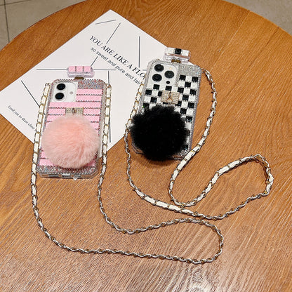 Rehinestone Perfume Bottle Phone Case with Pom Pom Charm and Sling