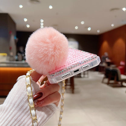 Rehinestone Perfume Bottle Phone Case with Pom Pom Charm and Sling
